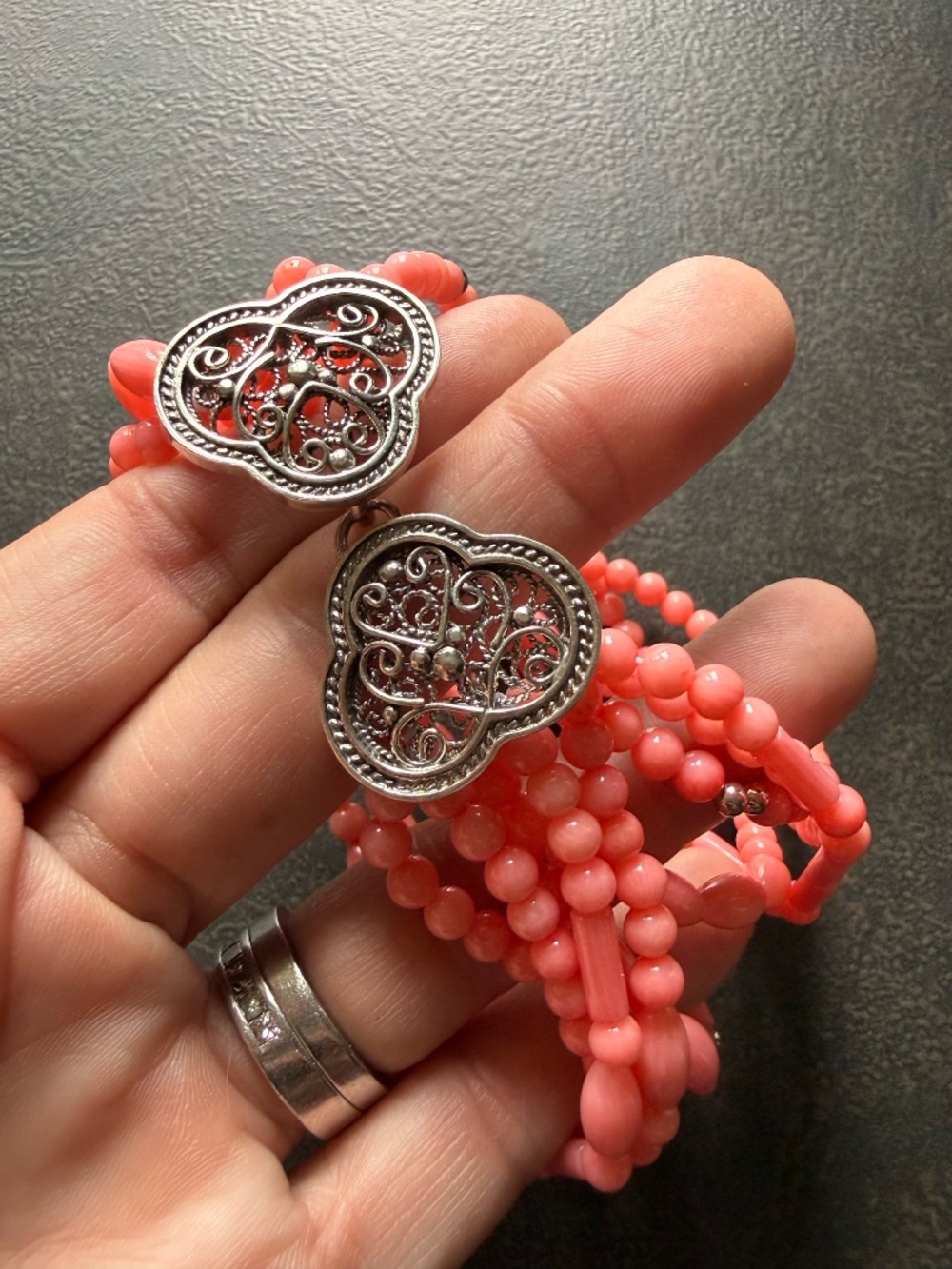 QVC Salmon Pink Beaded Multi Strand Bracelet With Silver Filigree Hook and  Loop - Picture 3 of 5